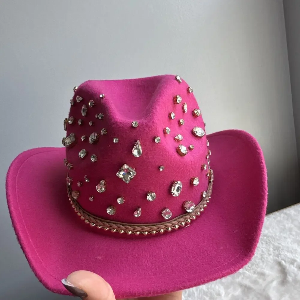 Pink Women's Cowboy Hat Rhinestone Accents Felt Polyester 57 cm Solid